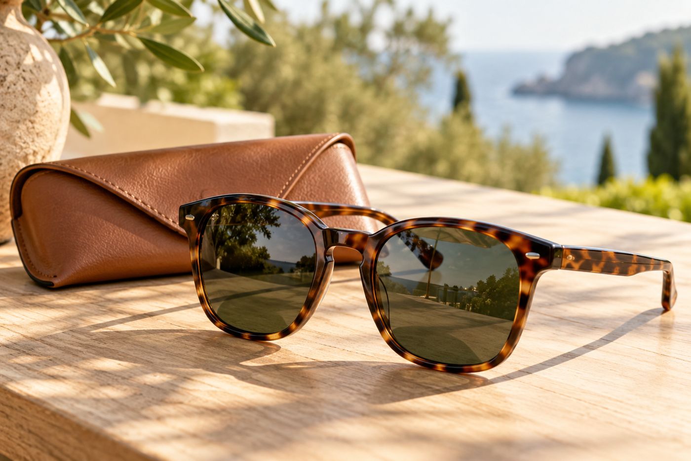 Tortoise sunglasses on a wooden table
